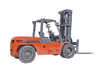 Forklift isolated on white background. May called fork truck or lift truck. Elevator machine equipment or vehicle for heavy industrial work in warehouse, factory i.e. lift up, raise and delivery.