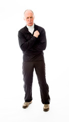 Senior man shivering in the cold isolated on white background