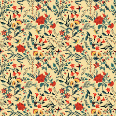 Vector seamless floral pattern with of roses and birds
