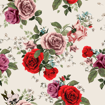 Vector seamless floral pattern with roses on light background