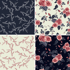 Set of floral seamless patterns with roses and leaves.