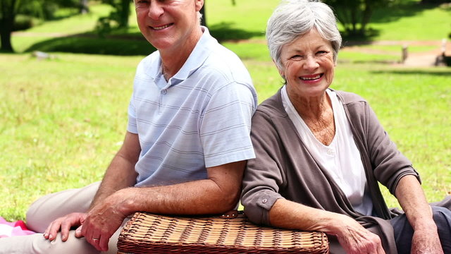 Happy senior couple relaxing in the park having a picnic
