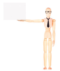 wooden Dummy businessman with empty banner