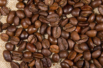 Coffee beans on the natural burlap