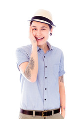 Young woman smiling with her hand on cheek