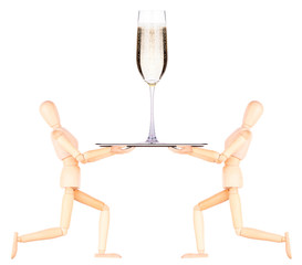 wooden Dummy waiter with champagne on tray