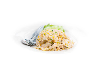 Fried rice with chicken in white dish