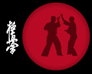 Two men are engaged in karate on a red background