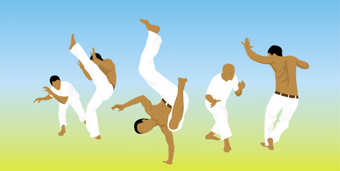Illustration, five men are engaged capoeira on sand