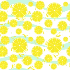 Crédence de cuisine en verre imprimé Citrons Éclaboussure de modèle sans couture de tranches de citrons sur le blanc bleu