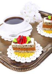 Tasty cakes on tray close-up