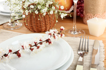 Table setting with spring flowers close up