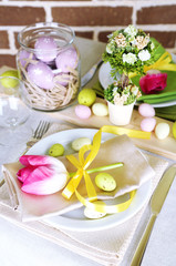Beautiful holiday Easter table setting, on bright background