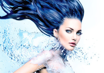 Model girl with water splash collar and long blowing blue hair