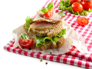 Delicious sandwiches with meet on table close-up