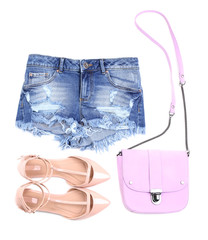 Pink women bag, clothes and color shoes, isolated on whit