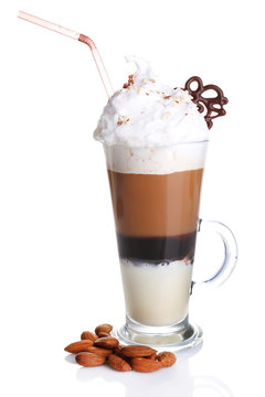 Glass of coffee  with cream and chocolate, isolated on white