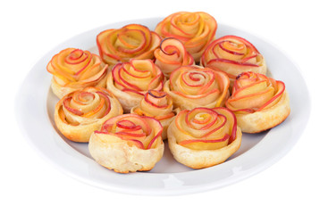 Tasty  puff pastry with apple shaped roses with powdered sugar