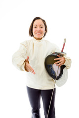 Female fencer offering hand for handshake