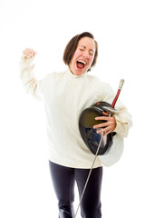 Female fencer celebrating success