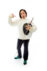 Female fencer pointing with holding a mask and sword