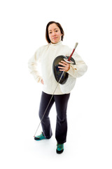 Female fencer standing with her hand on hip