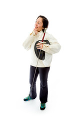 Female fencer thinking with her hand on chin