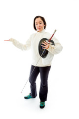 Female fencer showing something with holding a mask and sword