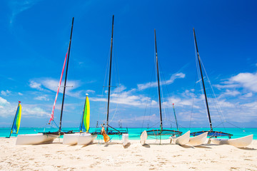 Group of catamarans with colorful sails on exotic Caribbean