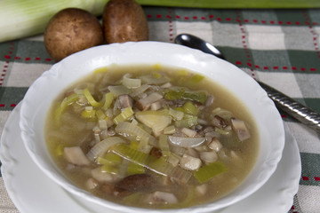 Leek and Mushroom Soup in White Bowl