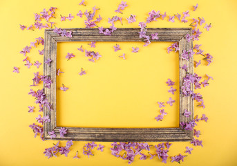 Beautiful lilac flowers and photo frame on yellow background
