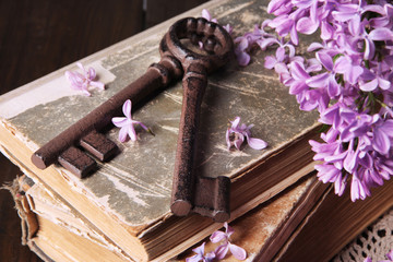 Beautiful composition with old keys and old books