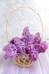 Fototapeta na wymiar Beautiful lilac flowers in wicker basket
