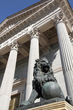 Lions opposite the Congress building, Madrid city, Spain