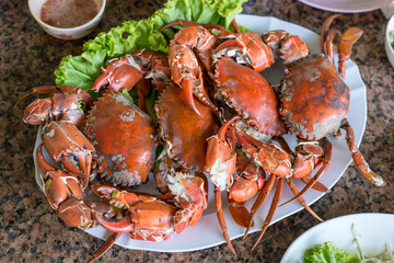 Le crabe rouge cuit à la vapeur se prépare à manger sur une assiette