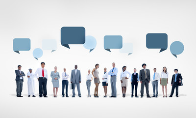 Multiethnic Business People in a Row with Speech Bubbles