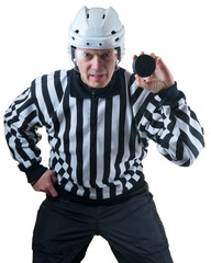Hockey referee with puck