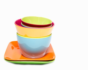 Melamine colorful  set of bowl cup and dish on white background