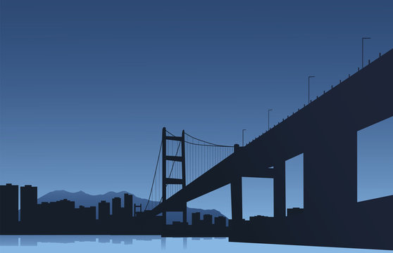The big city and the bridge on a blue background