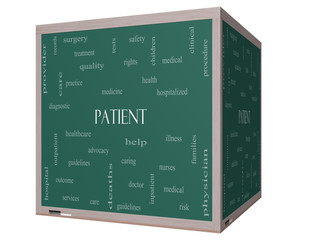 Patient Word Cloud Concept on a 3D cube Blackboard