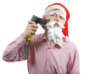 Santa shaving his beard with an axe