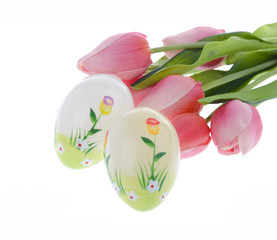 decorated eggs and spring flowers