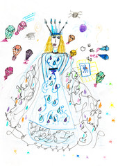 children drawing - queen and parachutes with gifts