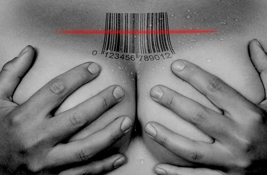 Hands covering breasts, barcode