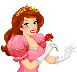 beautiful princess with brown hair holding a red rose