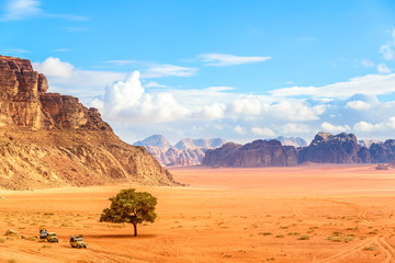 Scenic view of Jordanian Desert in Wadi Rum, Jordan. - obrazy, fototapety, plakaty