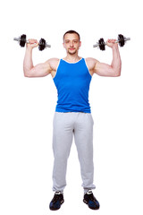 Fototapeta na wymiar sports man doing exercises with dumbbells over white background