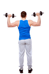 Obraz na płótnie Canvas sport man doing exercises with dumbbells over white background