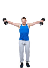 sports man doing exercises with dumbbells over white background