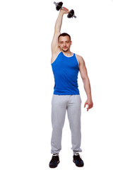 sports man doing exercises with dumbbells over white background